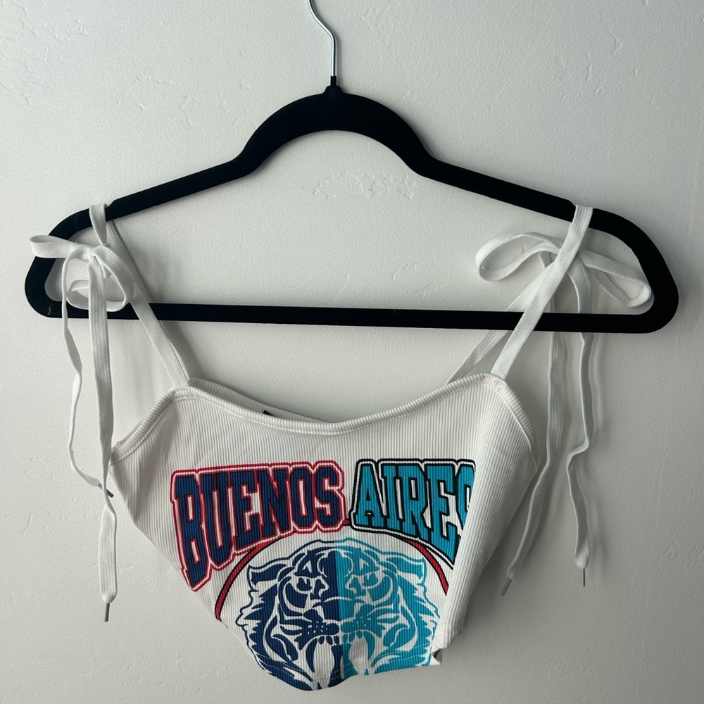 White Graphic Crop Top with Tie Straps